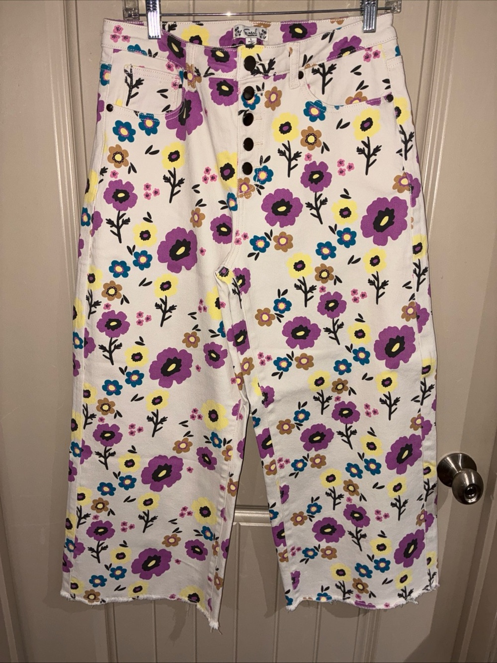 easel White Floral Wide Leg Jeans with Purple, Yellow & Blue Flowers